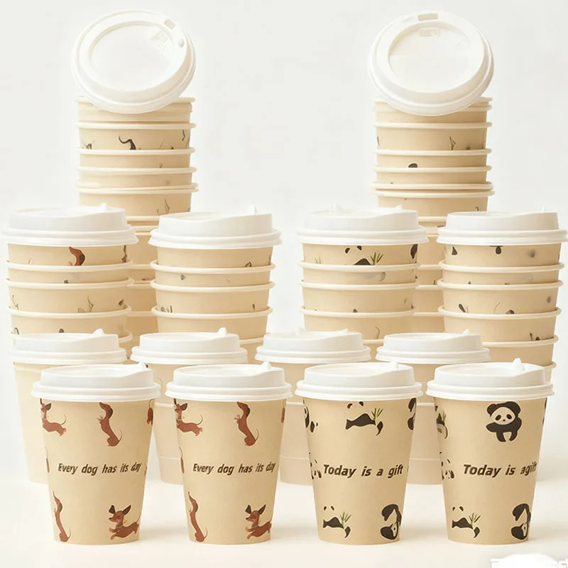 

12oz Paper Coffee Cups with Lids Cute Panda Puppy Bamboo pulp Cup Hot Drinking Cups for Daily Use Disposable To Go Coffee Cups