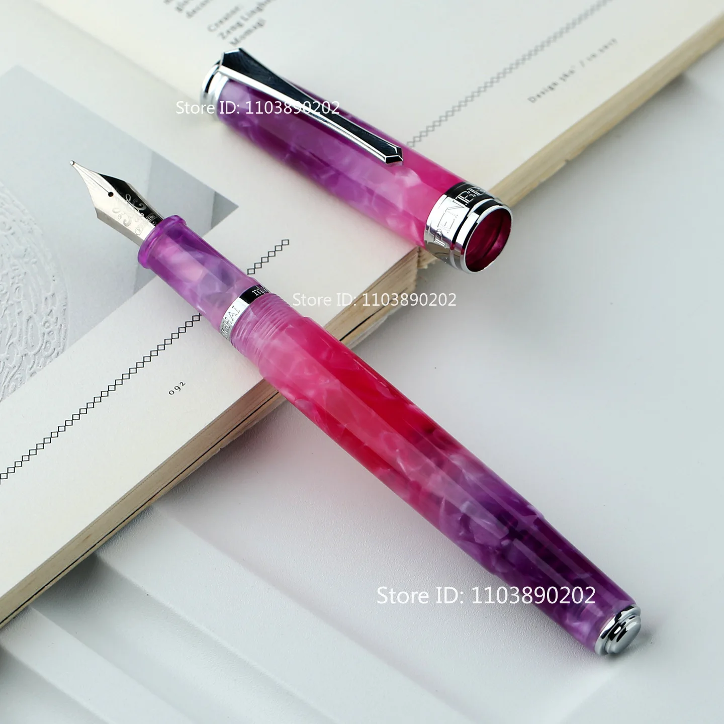PENBBS 500 Transparent Acrylic Fountain Pen Press Piston / Eye Dropper Filling System, Blade F Nib Green Purple Calligraphy Pen