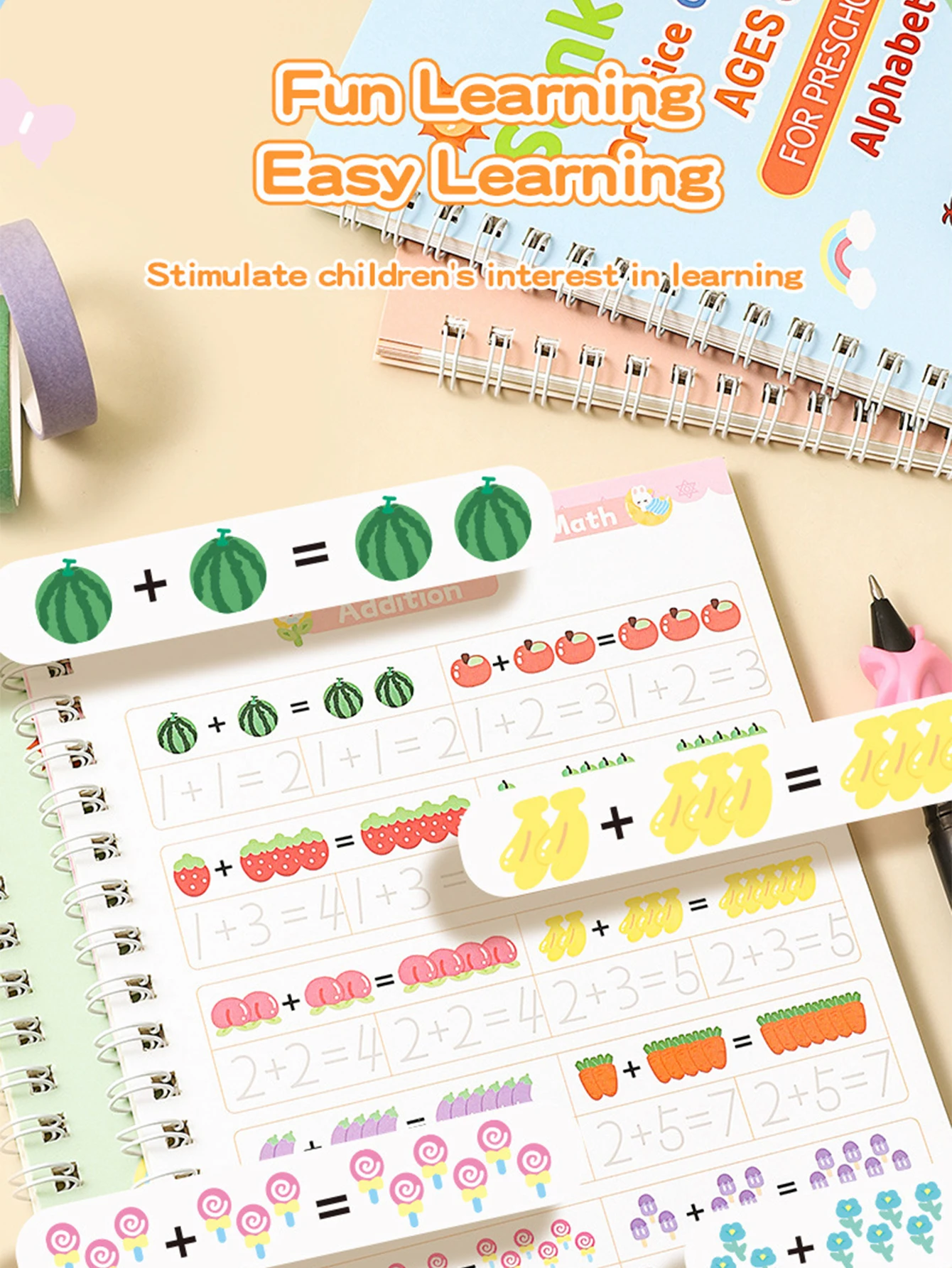 4권의 책+1펜+5연필+1펜 홀더 한자 연습장, 재사용 가능한 필기 복사 스케치 연습장