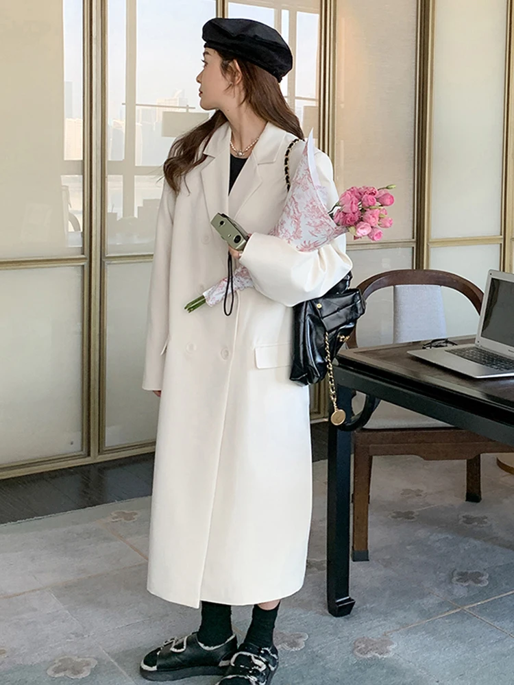 LANMREM White Long Blazer Women Office Lady Notched Collar Double Breasted Coat Versatile 2024 Spring New Clothing 2AA4901