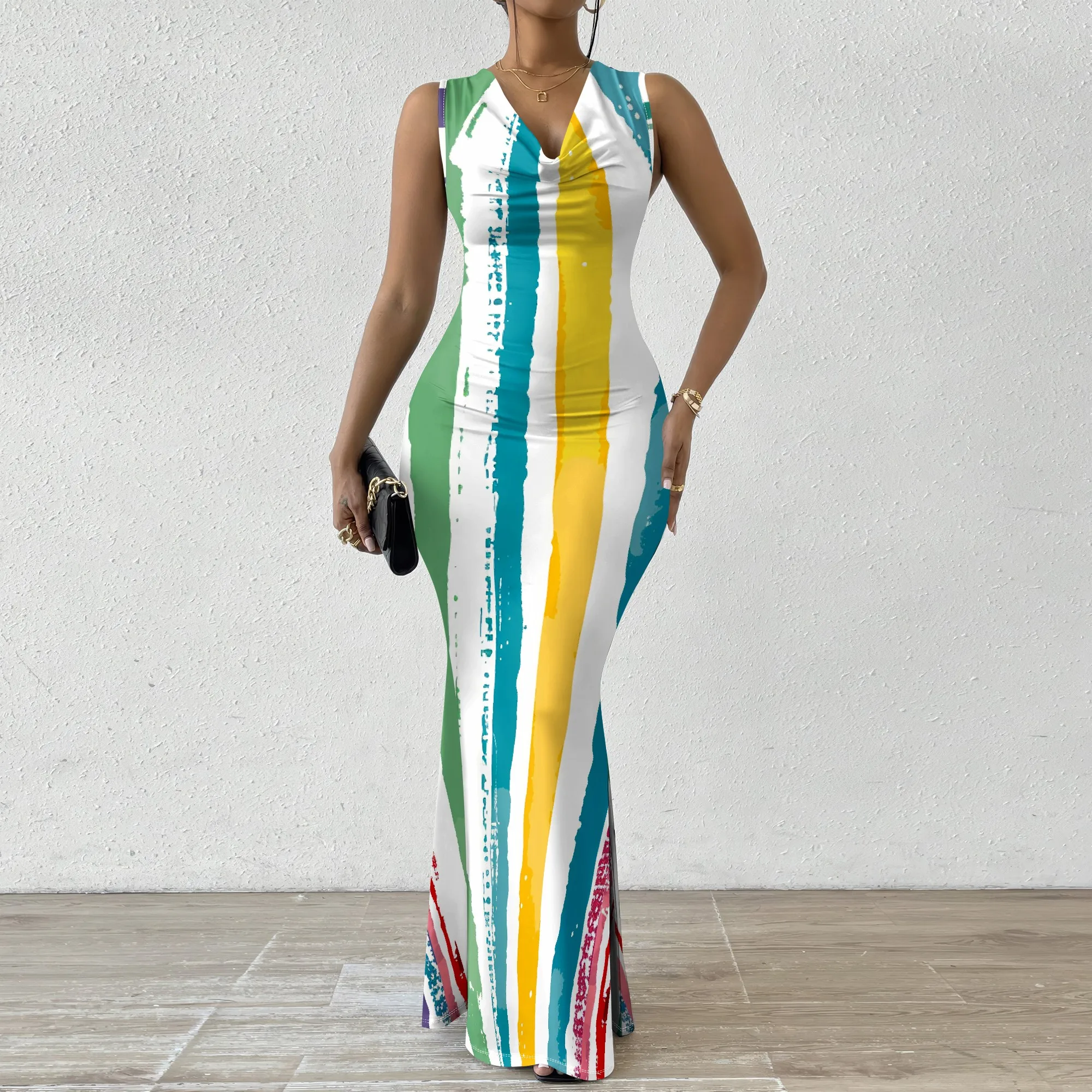 

Colorful Striped V-Neck Maxi Dress Women's 2025 New Arrival XS-2XL Casual Summer Party Dress