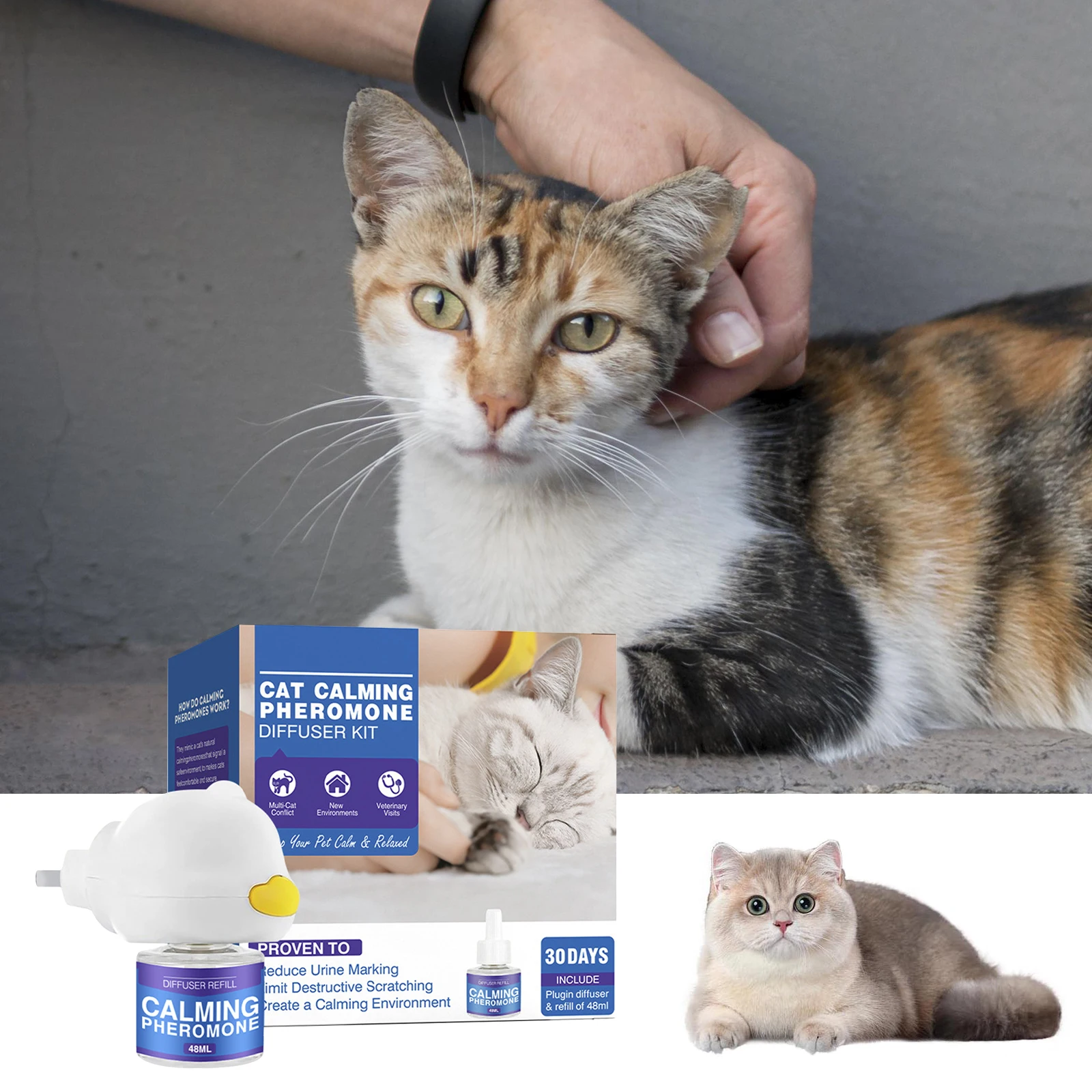 Spray calmante de feromonas para gatos, 48ml, entrenamiento para gatos, alivio del estrés, reducción de ansiedad, solución calmante para emociones de mascotas