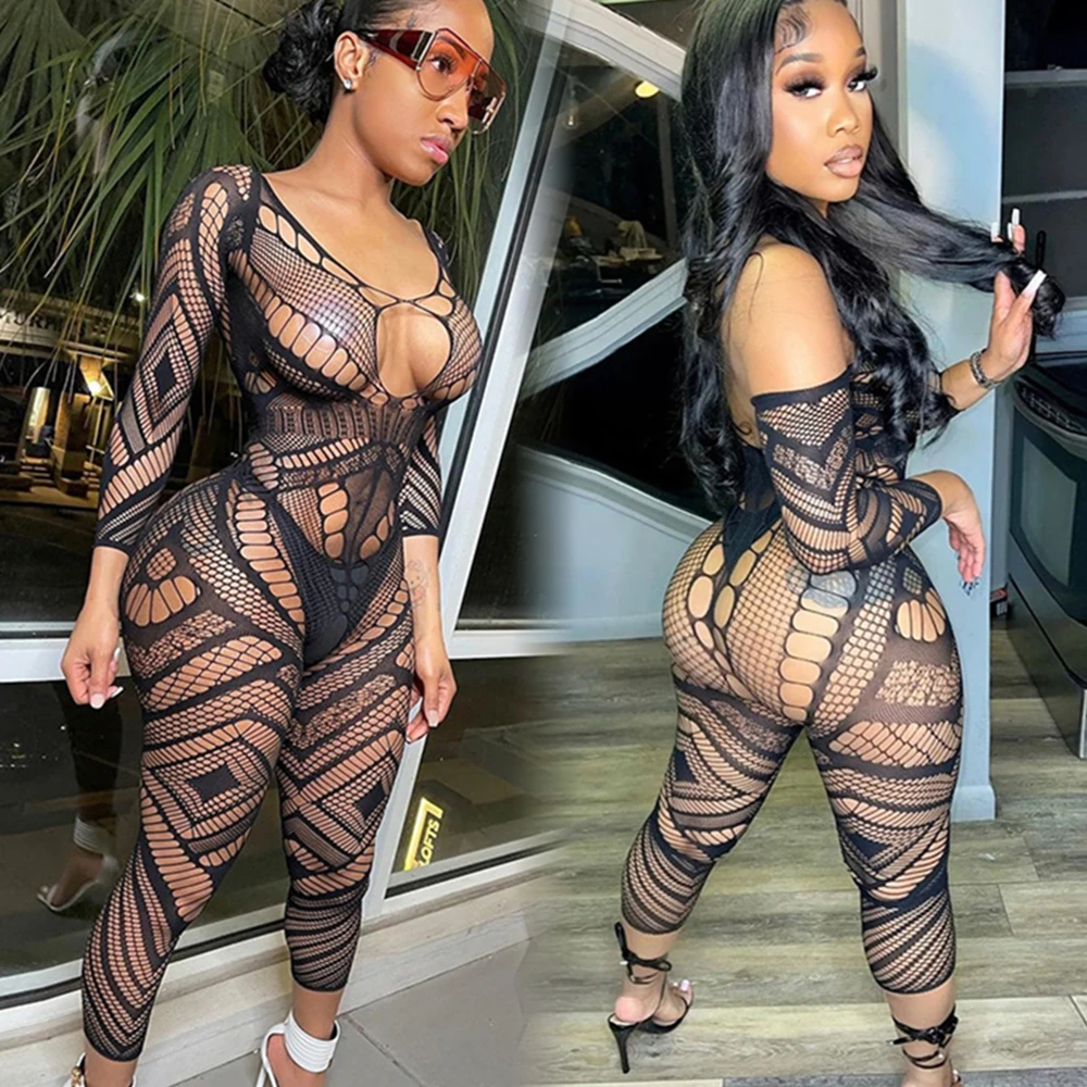 

Streetwear Sexy Cut Out Leopard Fishnet Bodystocking Long Sleeves Sexy Lingerie See Through Bodysuit Sexy Bodysuit Jumpsuit