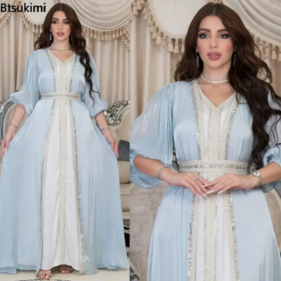 Fashion Three-piece Diamonds Satin Abaya for Women Muslim Dubai Indian Dress Light Luxury Muslim Moroccan Dress Loose Suit Dress