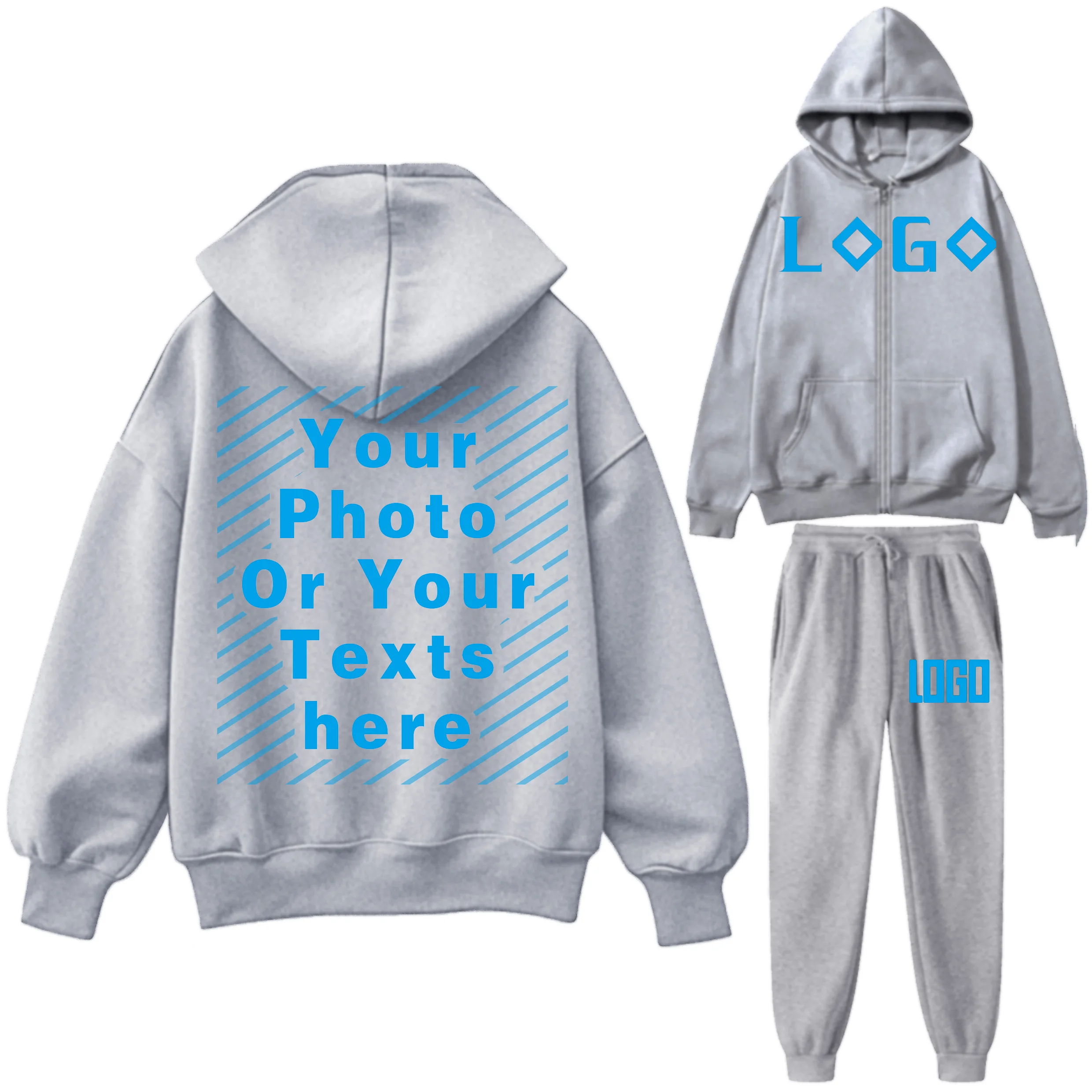 DIY Customize Your LOGO Tracksuit Suit Autumn Fashion Warm Hoodie Sweatshirts Two Pieces Oversized Solid Casual Hoody Pullovers