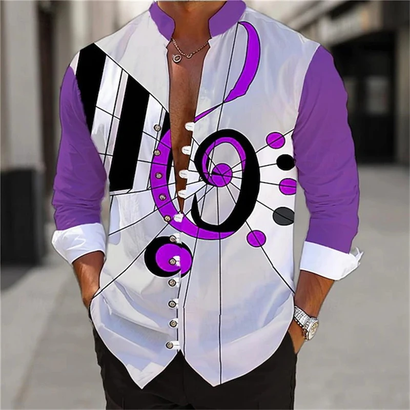

3D Print Music Note Shirts Men's Button Up Long Sleeve Shirt Daily Vacation Clothing Tops Hawaiian Casual Mens Designer Clothes