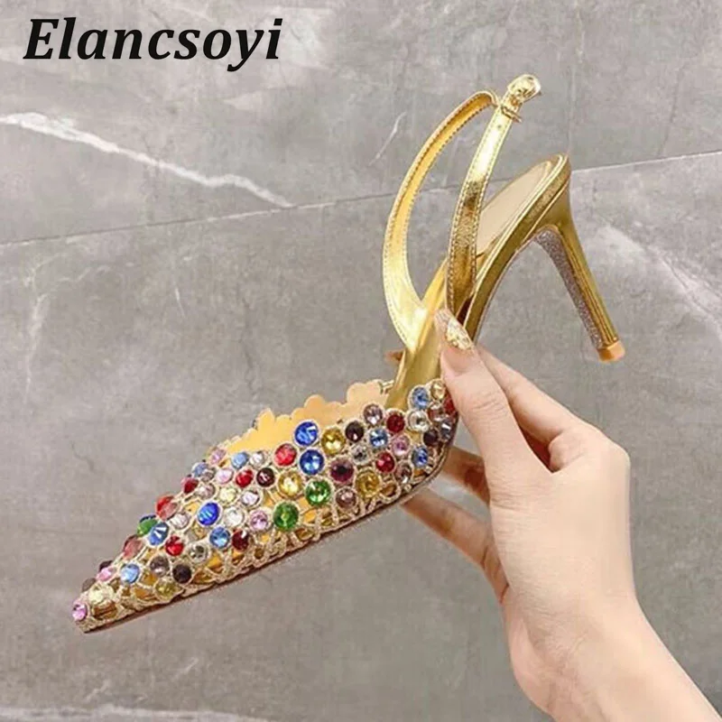 Thin High Heels Sandals Women Bling Rhinestone Pointed Toe Hallow Outs Back Strap Sandalias Summer Fashion Party Banquet Shoes