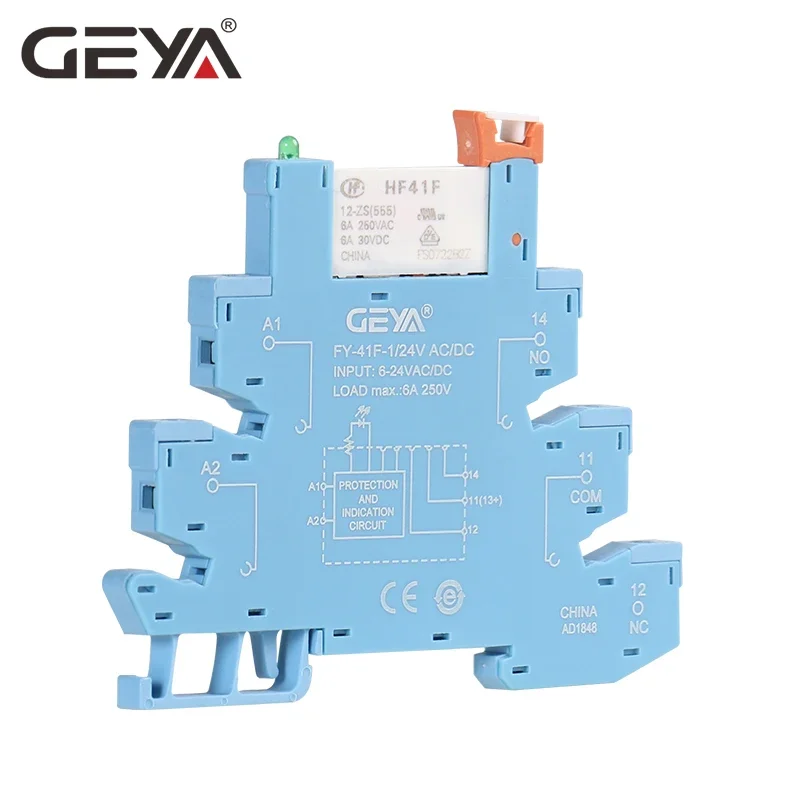 Módulo de relé delgado de Riel Din, HF-41F de potencia de montaje PCB integrado con soporte de relé de 12V, 24V, 48V, 110V, 230V, toma de relé de