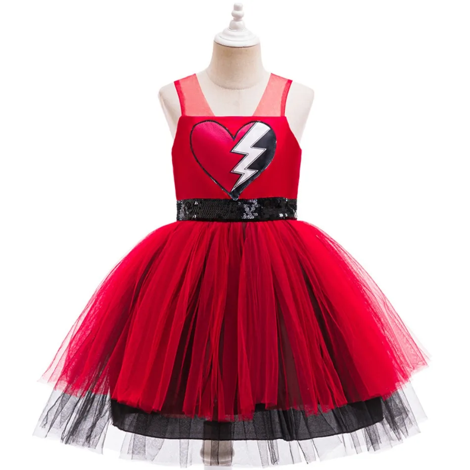 Girls Red Contrast Sleeveless Tutu Dress Broken Heart Lightning Applique Spooky Costume Glitter Tulle Kid Halloween Outfit TAN06