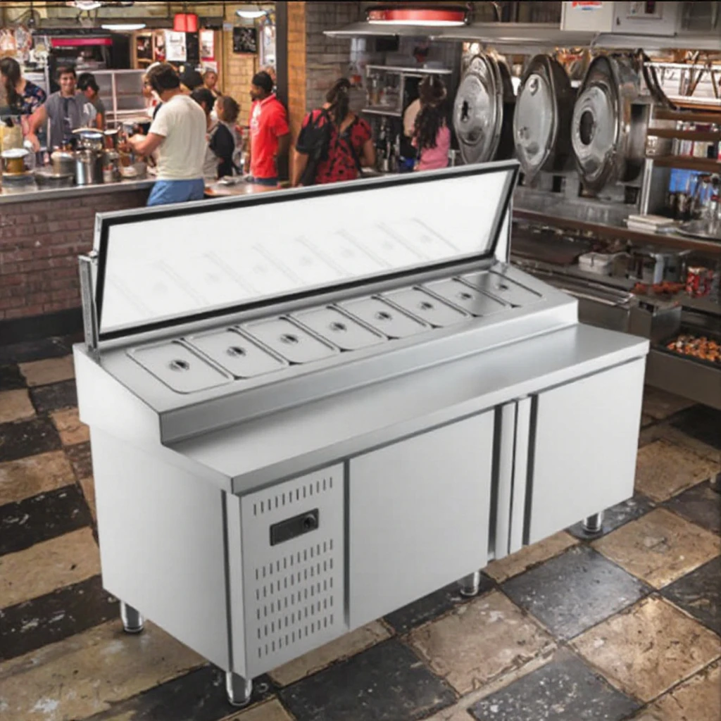 Hochwertiger Sandwich-Vorbereitungstisch mit Kühlschrank, kommerzieller, direkt abkühlender Glas-Display-Theke, Pizza-Werkbank, Kühlschrank