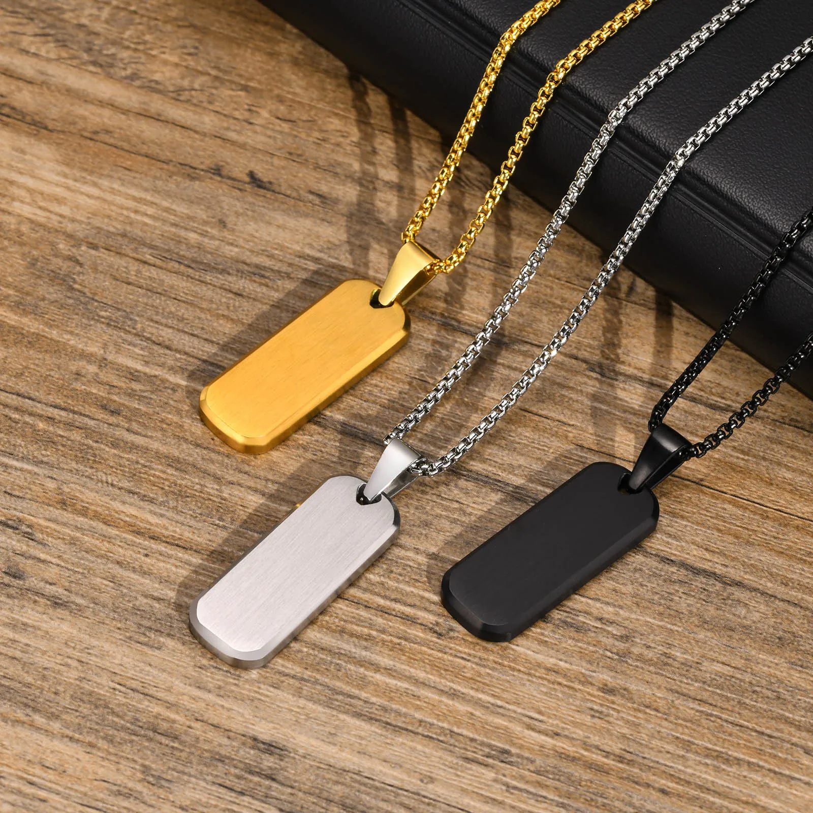 Rectangle Bar Necklaces for Men, Waterproof Stainless Steel Geometric Pendant Collar, with Box Chain 45/50/55/60/70cm