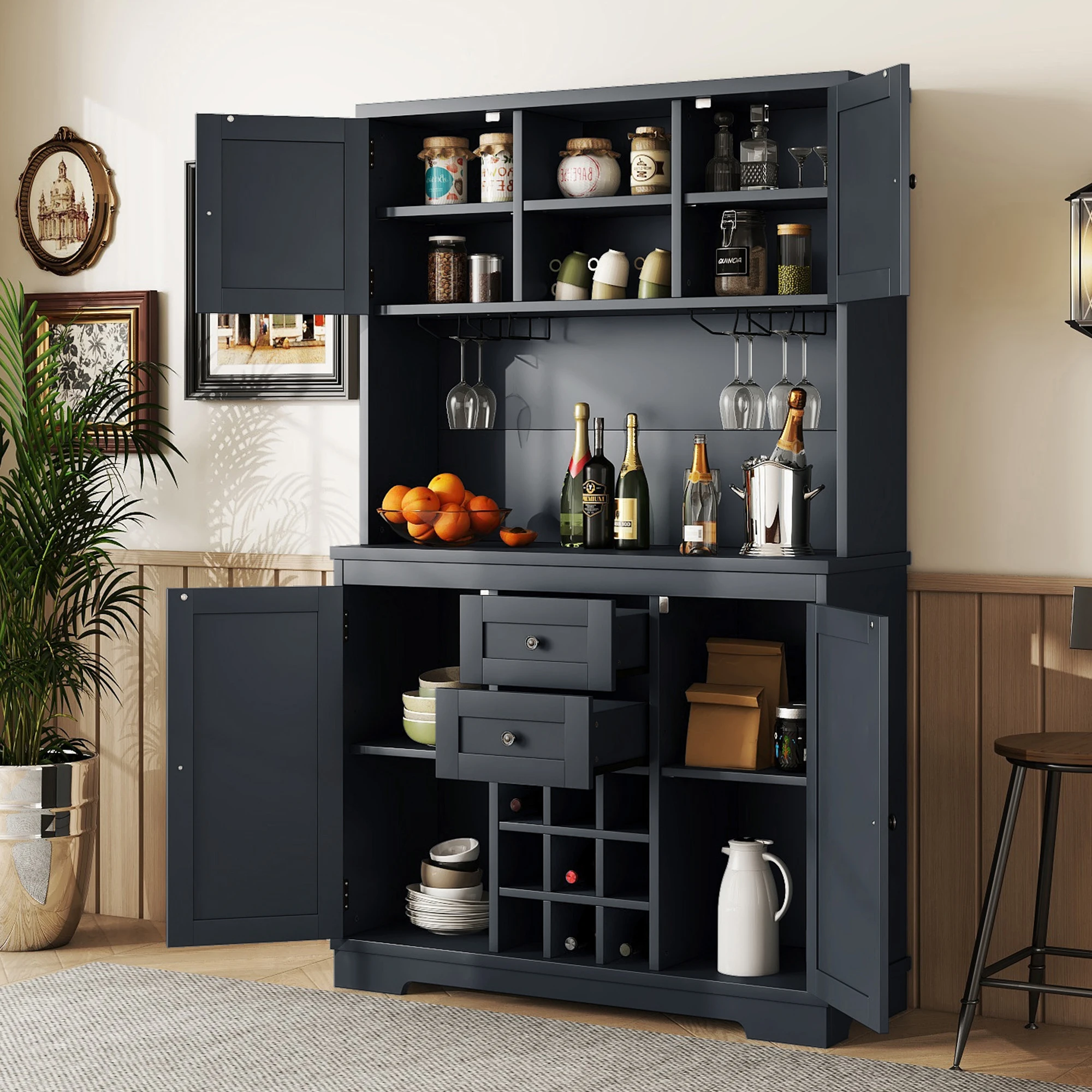 

Coffee Bar Cabinet Kitchen Cabinet with Storage, Farmhouse Wine Cabinet with Drawers Shelves and Cabinets,Dark Blue