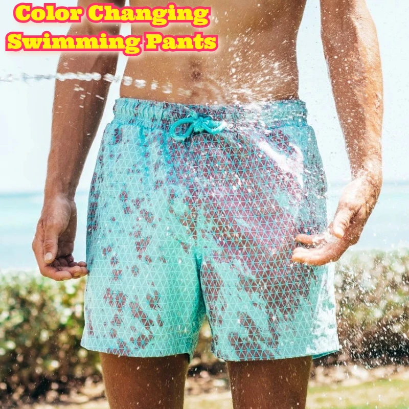 New Thick Color Changing Swim Trunks Men Big Size Quick Dry Beach Shorts Temperature Sensitive Swimming Wear Plus UV Protection