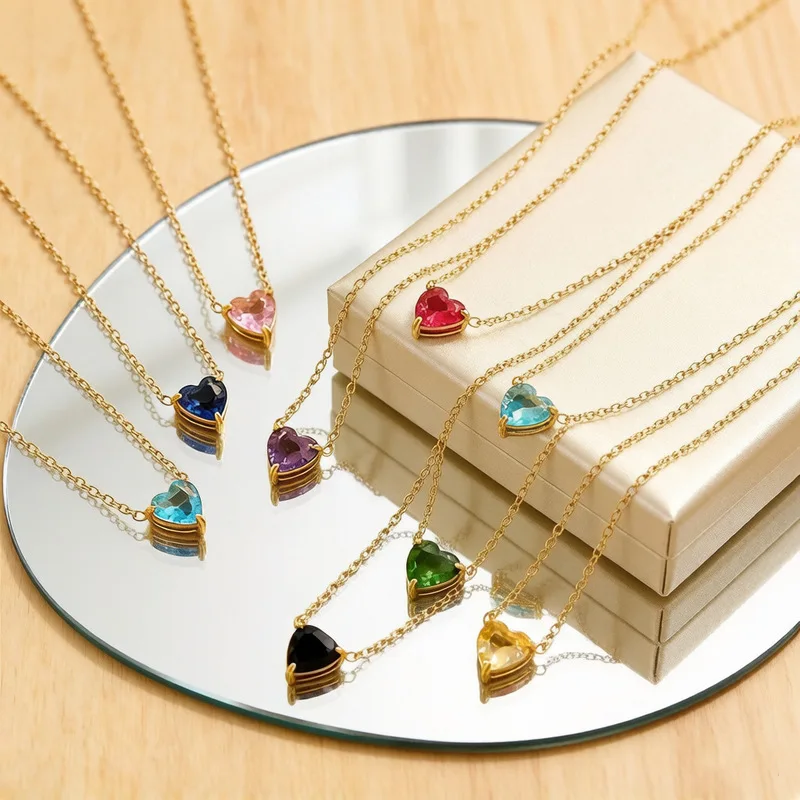 Colorful Cubic Zirconia European and American Cross-Border Heart-Shaped Pendant12Birthstone Necklace Fashionable Women's Titaniu