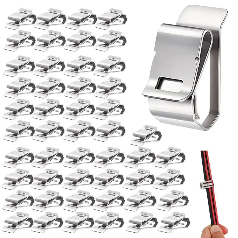 50pcs Stainless Steel Metal Cable Clip Heavy Duty Wire Rope Clips With Spring Clip, Sturdy Electrical Cord Management Hand Tool