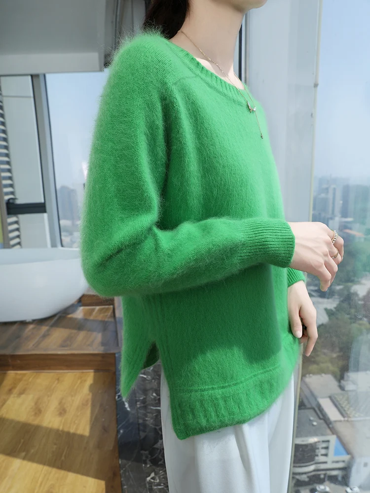 

TLOML осень-зима, новый женский свитер из 100% норки и кашемира, пуловер с круглым вырезом, базовая повседневная мягкая теплая одежда с длинными рукавами, топы