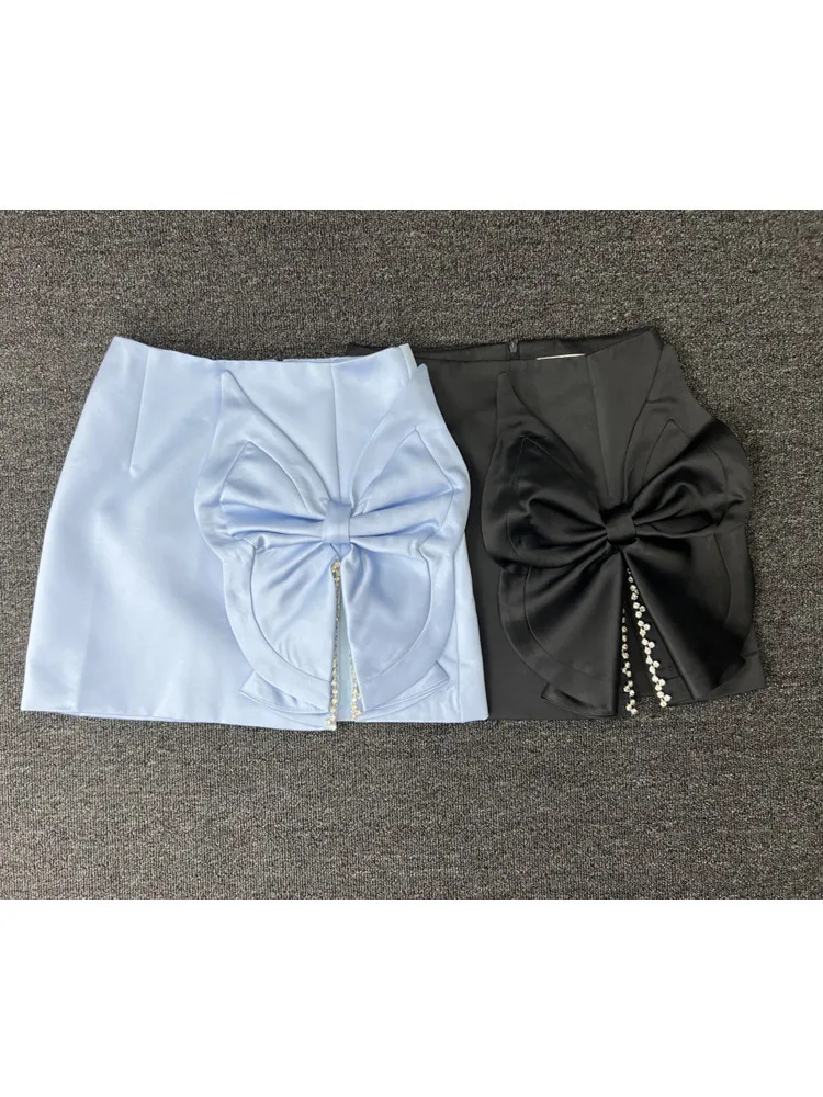 Women Summer Skirt Sexy Designer Bow Tie Black Split Diamonds Crystal Skirt High Street Designer Party Mini Skirts