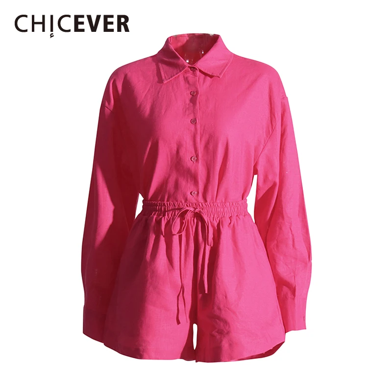 

CHICEVER Casual Two Piece Set for Women Lapel Long Sleeve Spliced Single Breasted Blouse High Waist Shorts Solid Suits Female