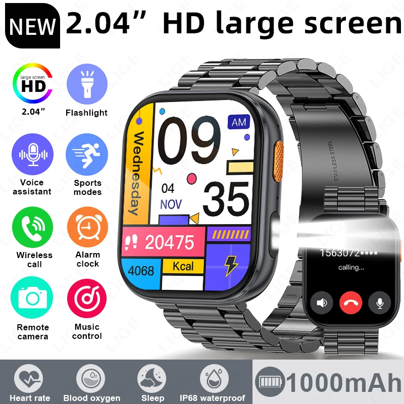 LIGE 1000mAh Long Battery Smart Watch Wireless Call Flashlight Heart Rate Sleep Monitor MultiSport Fitness Watch for Android iOS