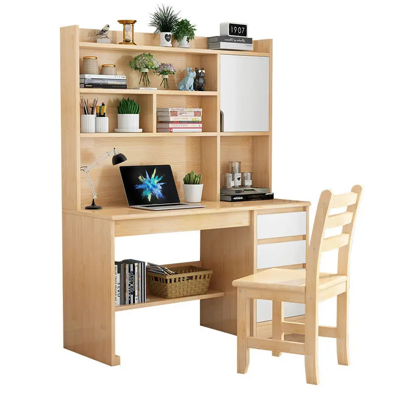 

Solid wood bookshelf integrated table, household combination, student learning computer desk