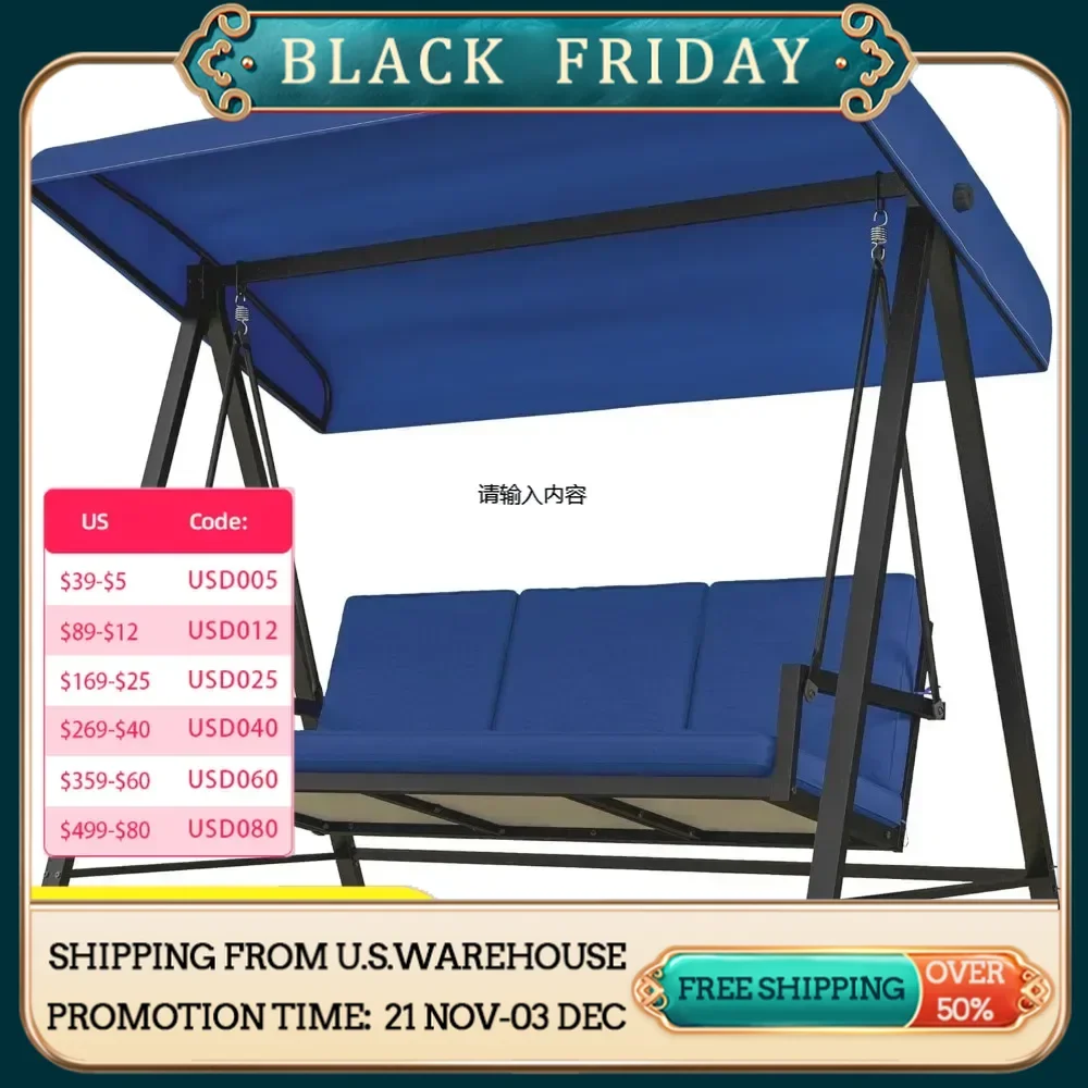 3 Seat Outdoor Porch Swing with Stand, Heavy Duty Terrace Swing Chair with Adjustable Ceiling, Garden & Pool Side Cushions