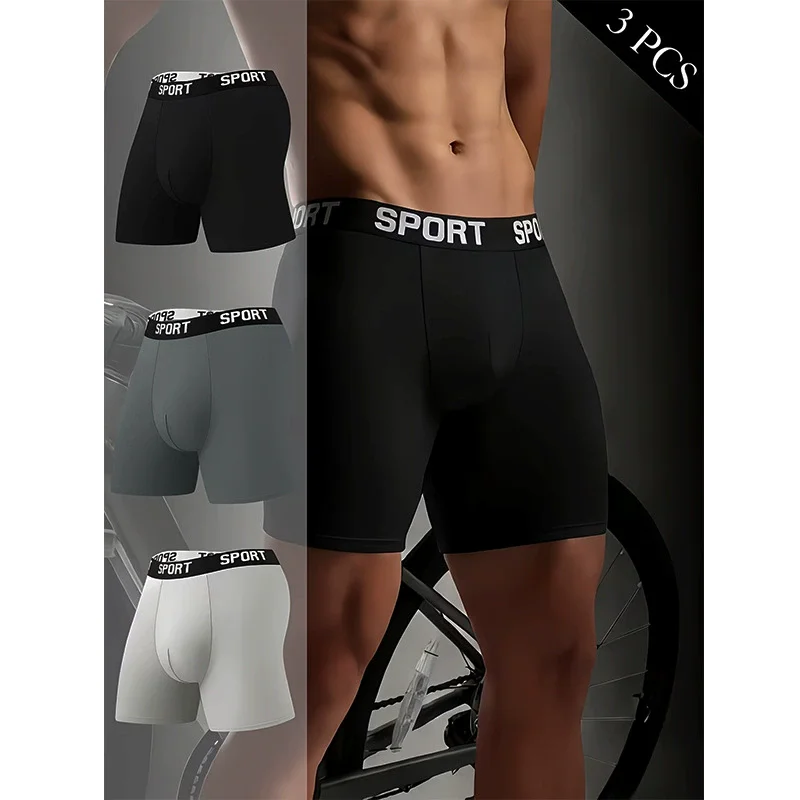 

3-Piece Set Of Men's Solid Color Elastic Boxer Shorts, Long Comfortable Sporty Breathable Underwear, Men's Mid Waist Underwear