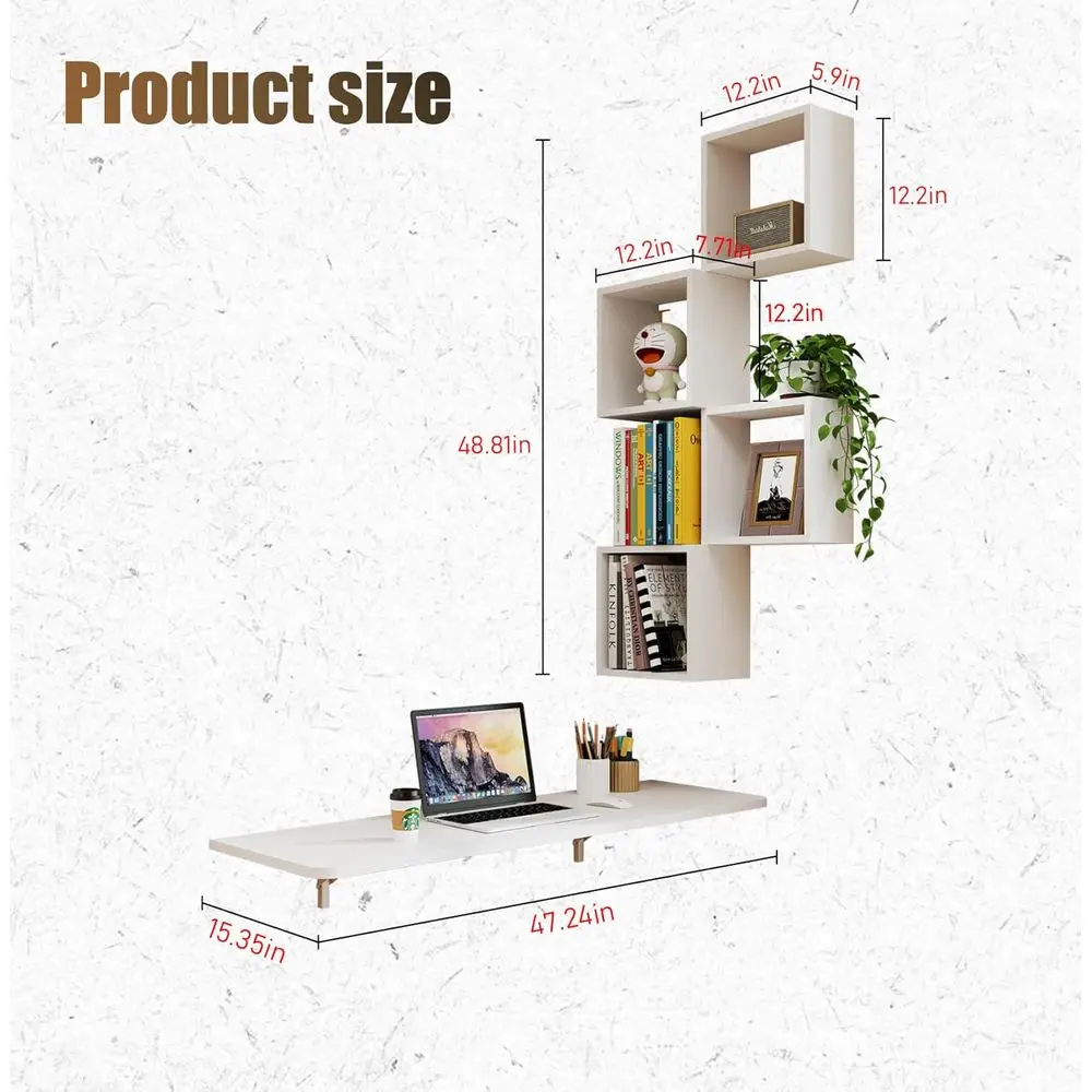 مكتب حائط متعدد الوظائف موفر للمساحة مع أوراق متدلية ورف كمبيوتر محمول عائم وتخزين للمكتب المنزلي باللون الأبيض الرمادي