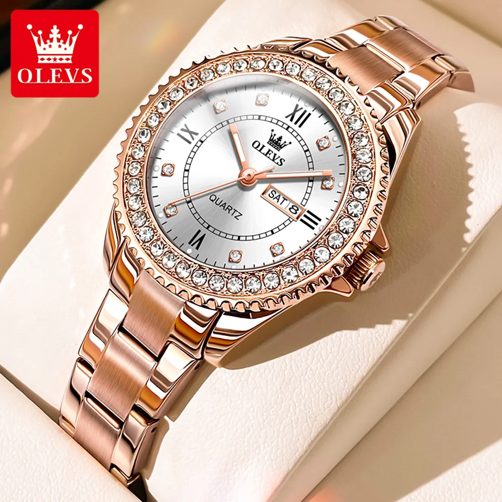 OLEVS-reloj de cuarzo de acero inoxidable para mujer, cronógrafo elegante de lujo con doble Calendario, resistente al agua, con diamantes completos, 9993