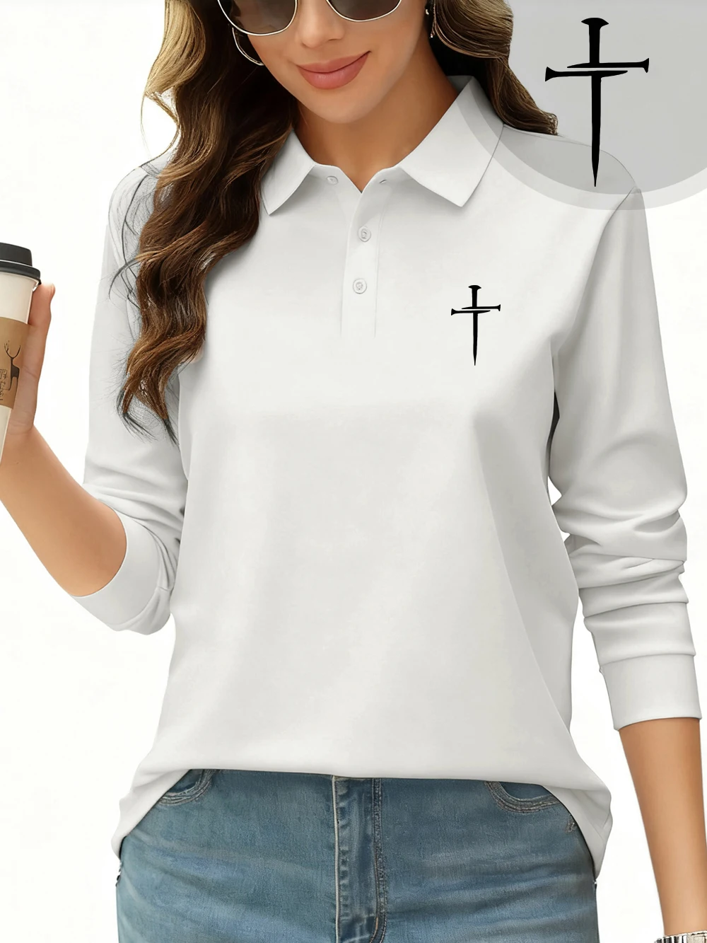 Simple Sword Prints Polo Shirt Womens Commuting Long Sleeves T-Shirts All Season Breathable Lapel Tops Sporty Womans Clothes