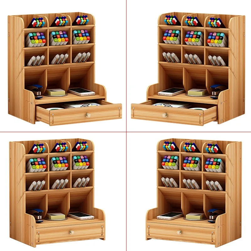 Wooden pen holder storage box Large capacity creative and fashionable multi-grid pen holder Office desktop storage shelf