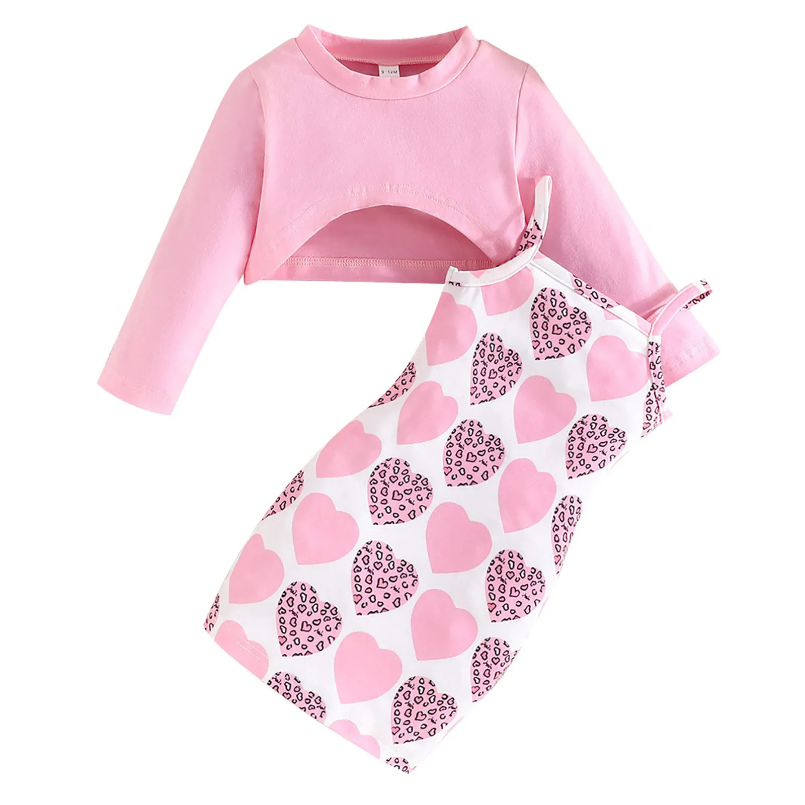 Toddler Girls' Clothes Sets Solid Color Long Sleeved Crop Top Heart Shaped Printed Camisole Skirt Sets Kids Girls Two Piece Sets