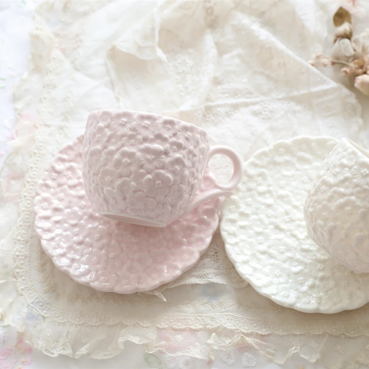 Retro Ceramic Coffee Cup Plate Stand Floral Relief Decorative Girl's Accessories French Style Pink Heart Floating Clouds Design