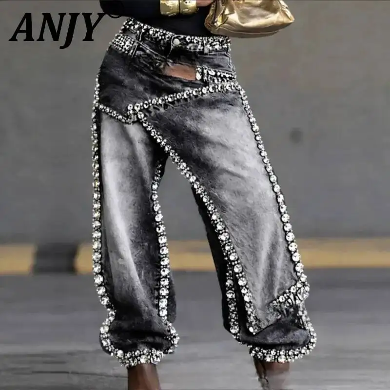 ANJY Spring Autumn New Women Design Layered Washed Heavy Diamonds Denim Pants Niche Patchwork High Street Wide Leg Jeans A25509