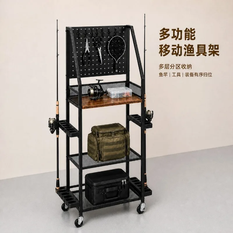 Multi-purpose Wheeled Fishing Storage Rack, Multi-layer Rod Organizer with Hooks for Fishing Gear Arrangement