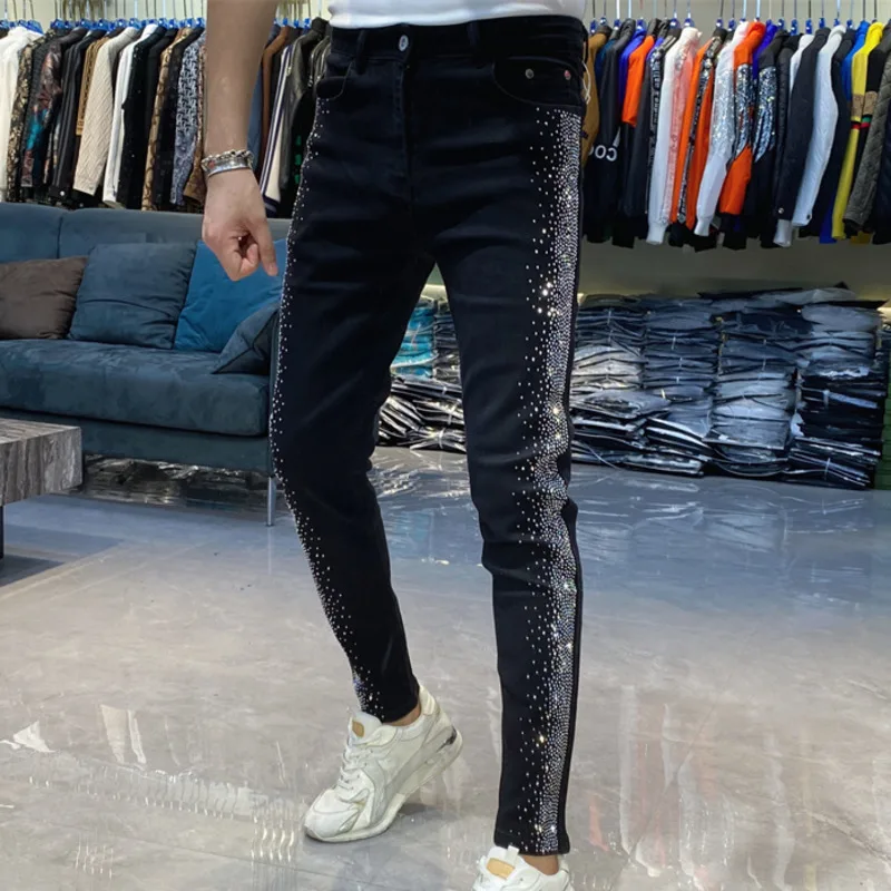 2023 otoño negro caliente diamante delgado pies pequeños Jean versión coreana Slim Tide marca pantalón hombres tendencia industria pesada Vaqueros Hombre