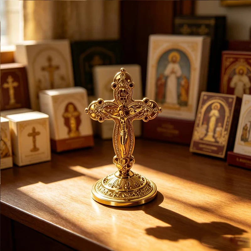 Verziertes, vergoldetes Tischkreuz mit Jesus-Korpus für katholische christliche Altäre, Gebetsräume, religiöse Dekoration, Geschenk. – Detail 4