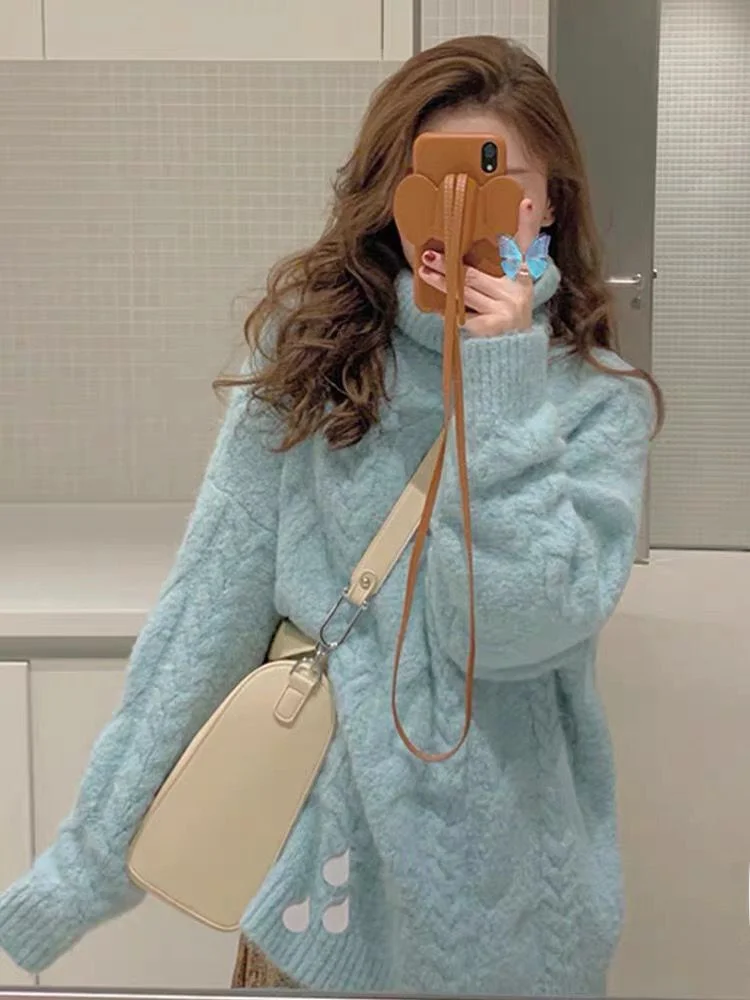 

Корейский вязаный свитер, женский осенне-зимний свободный ленивый высокий воротник, длинный свек, витые волосы, Thiened, трикотаж