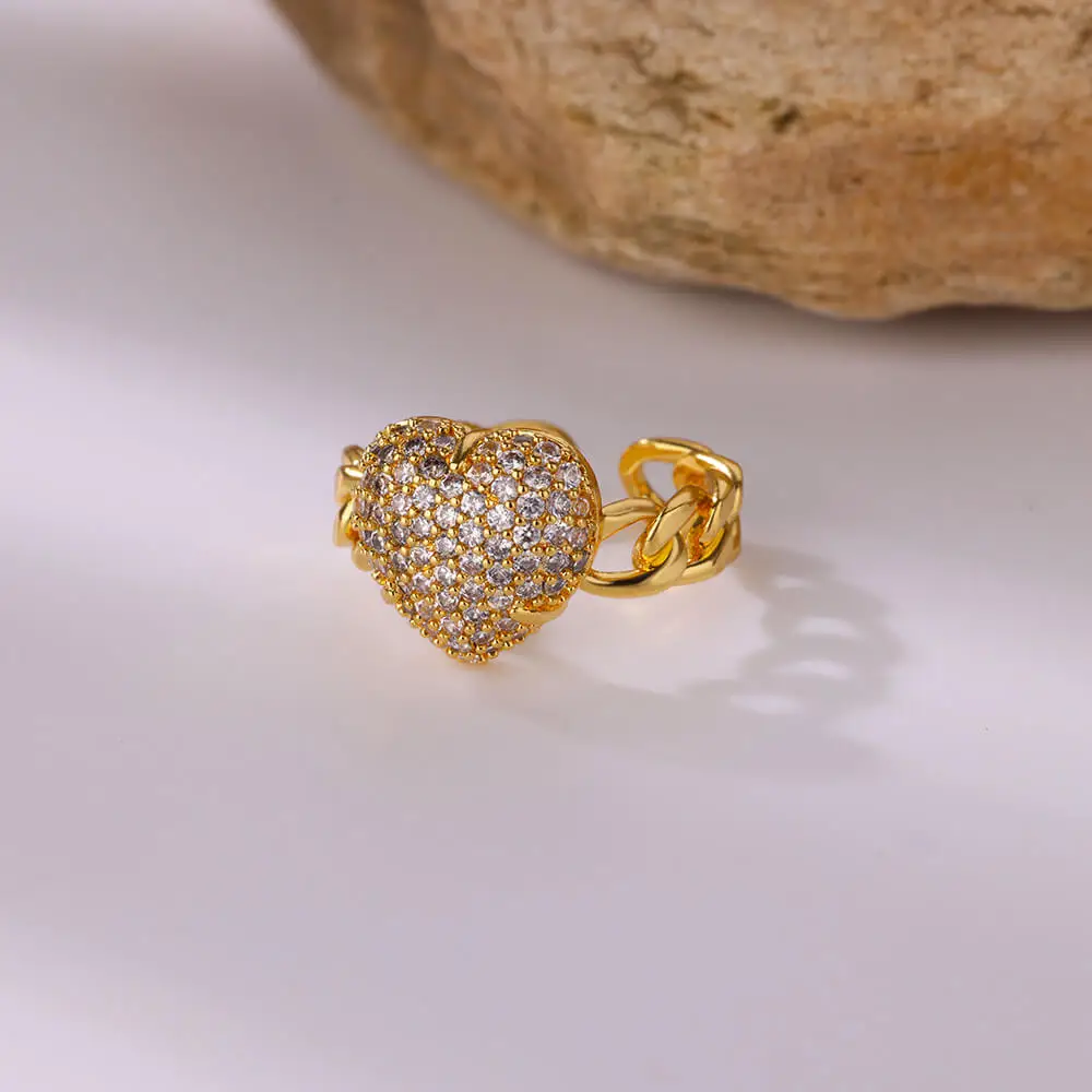

Zircon Heart Rings For Women Gold Color Open Female Ring Fashion Wedding Party Finger Jewelry Gift 2024 New Trend