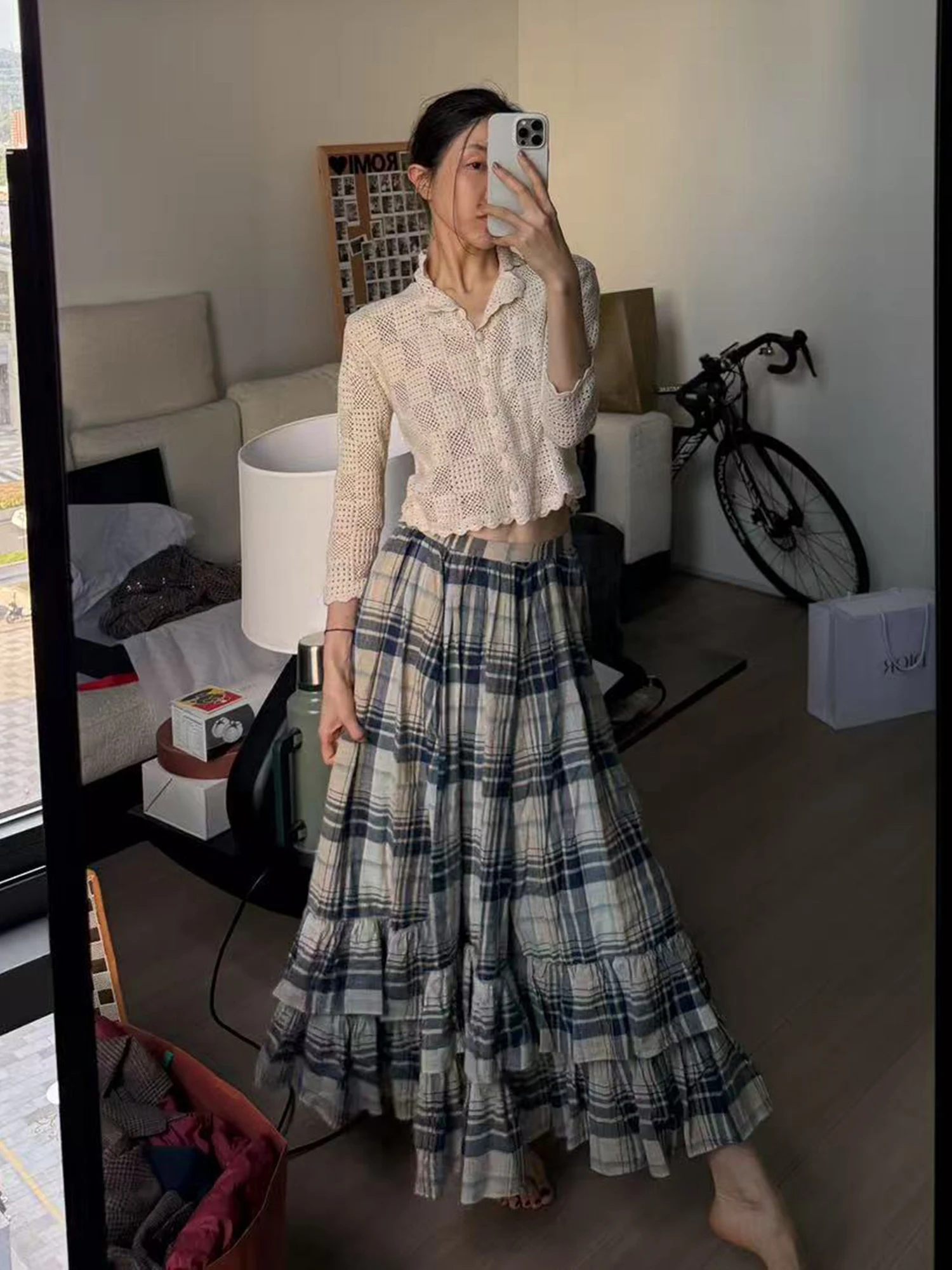 

Романтическая студенческая юбка А-силуэта с завышенной талией из хлопковой марли, свободная, в стиле ретро, в клетку, женская повседневная юбка, лето 2025