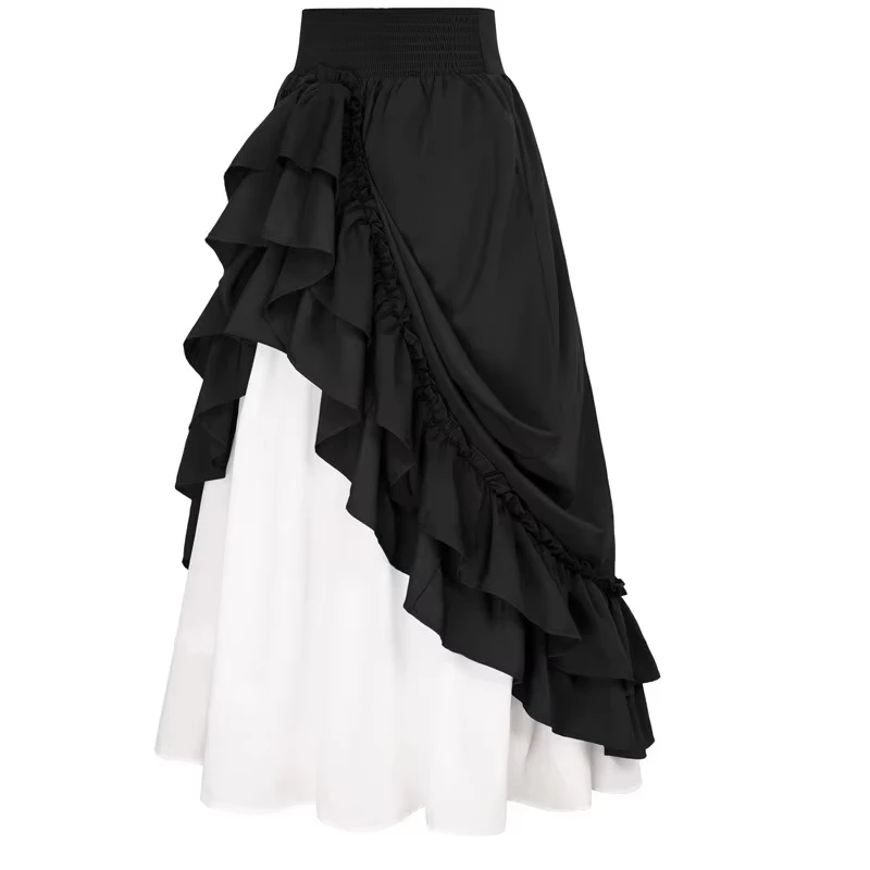 Casual Dual Layer Skirt Button Renaissance Costume Women Back Double Ruffle Long Shirring Skirt Waist Elastic Band Maxi Length