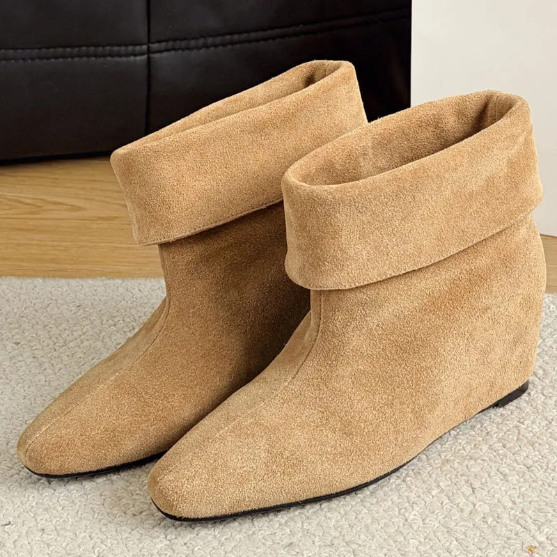 High Quality Genuine Leather Flanging Internally High Short Boots Women Wedge Heels Ankle Boots Flats Fashion Boots Woman