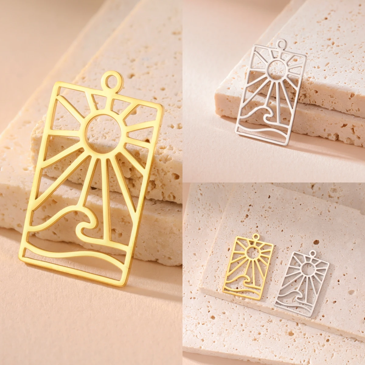 Fashion Rectangular Stainless Steel Pendant Sun Beach Wave Charms For Necklace Amulet Jewelry Making Supplies Handmade Diy Gifts