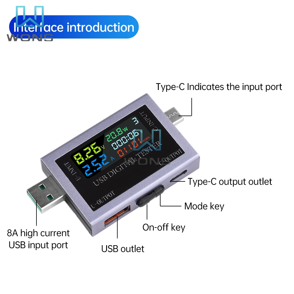 USB+Type-C Multi-function Digital Display DC Voltage Ammeter Power Meter DC 4.5~50V Voltmeter Ammeter Charger Capacity Tester