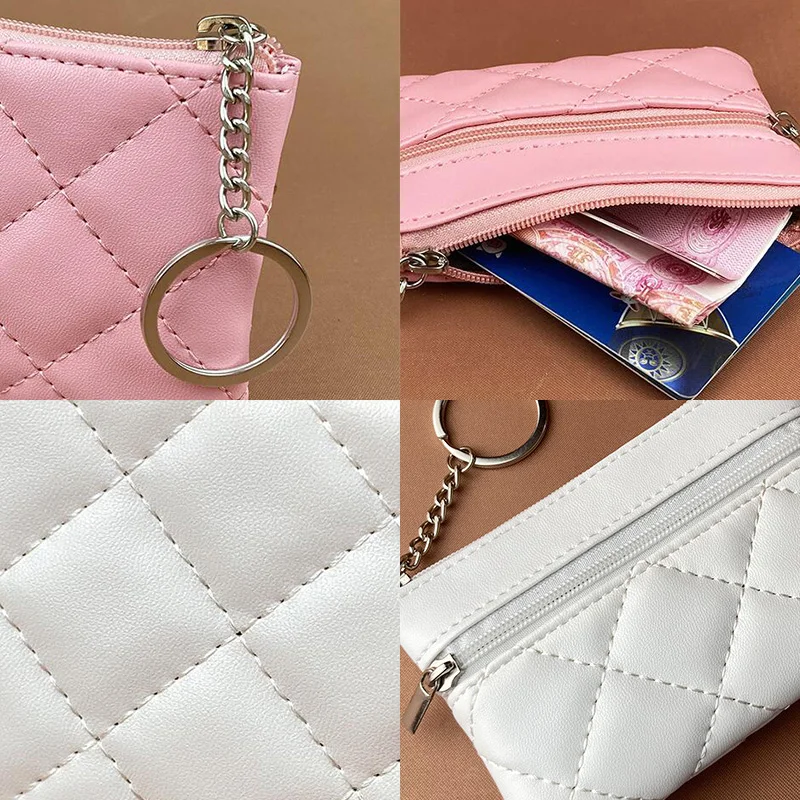 Monedero de cuero PU para mujer, cartera a cuadros con cremallera, bolso de mano con llavero, tarjetero, novedad