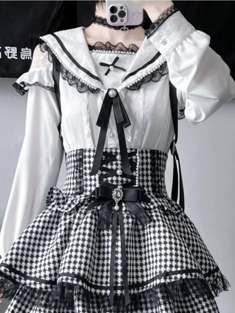 Kawaii لوليتا بلوزة المرأة بحار طوق قميص Y2k الجمالية الدانتيل المرقعة الجرونج القمم JK لطيف القوس زر Blusas اليابانية 2025