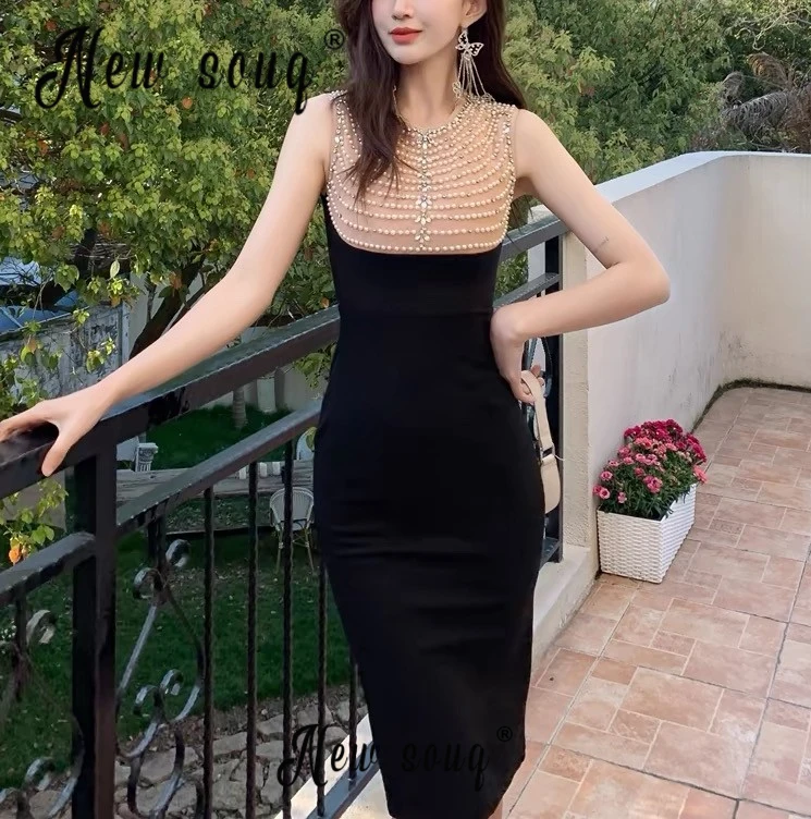 

Pearls Short Strap Black Cocktail Dress Sheath Dress Elastic Summer Prom Party Gowns Dubai Size Customize