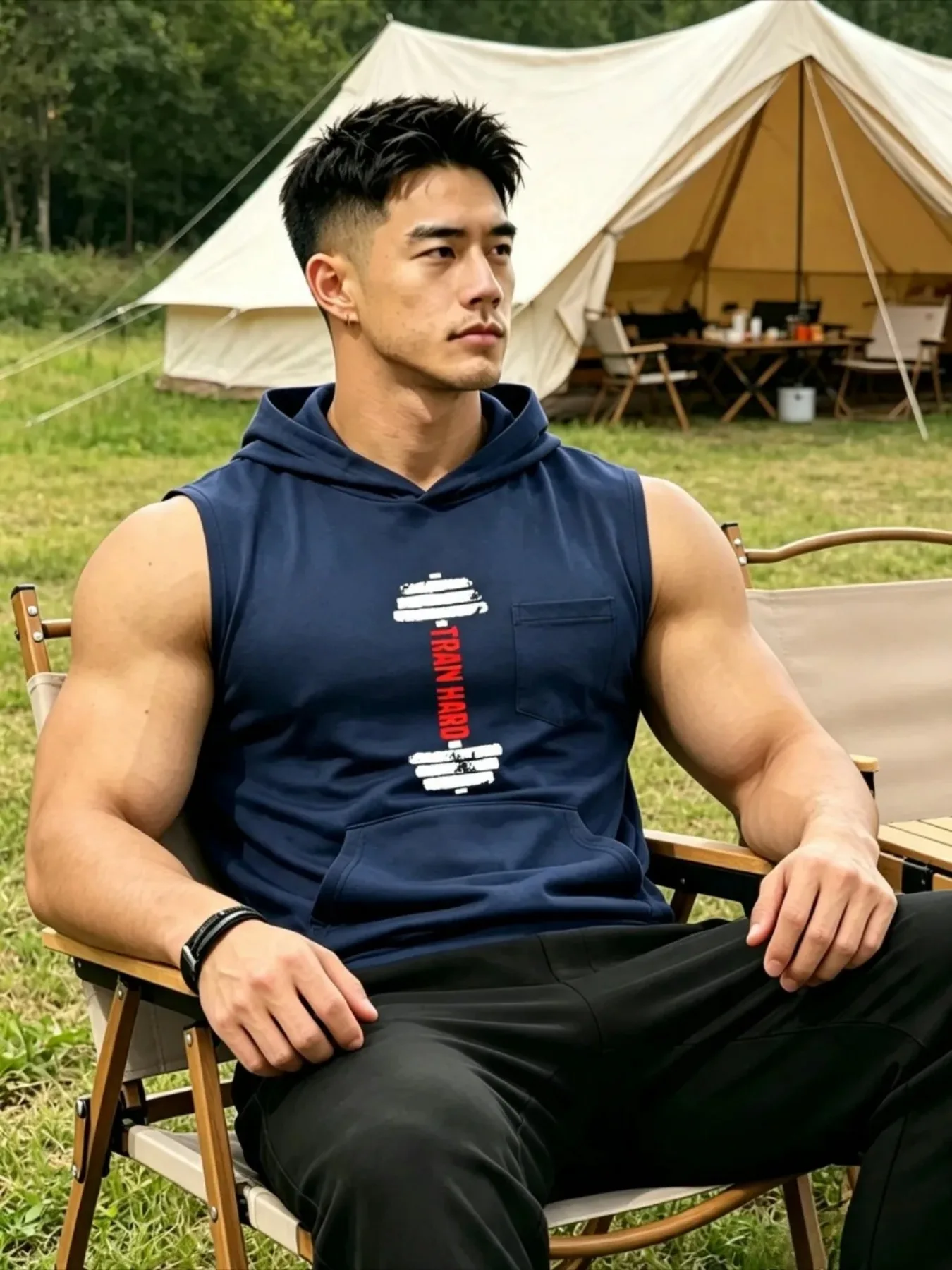 Men Sleeveless Hooded Gym Tank Top Dumbbell TRAIN HARD Print Athletic Vest Lightweight Breathable Bodybuilding Workout Running