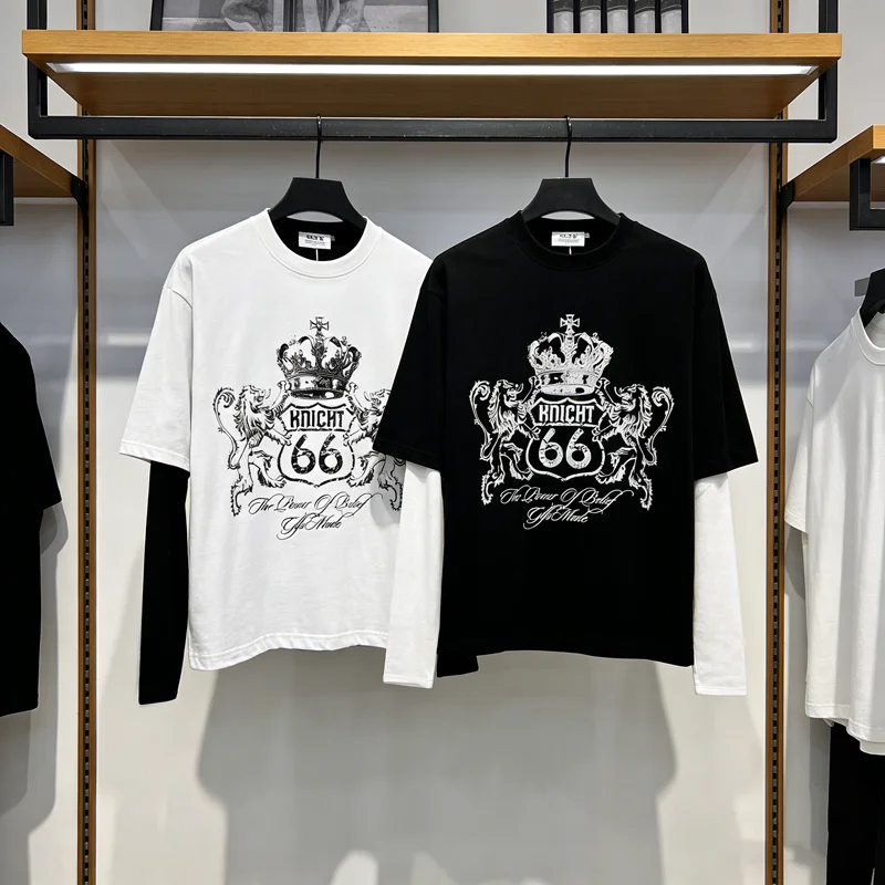 Fake Two Pieces Champion Label Print Long Sleeve T-shirt Men Women Patchwork Splice Color Loose Casual T Shirt Tops Tee
