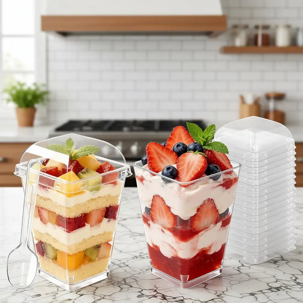 

100 Pack 5oz Clear Plastic Dessert Cups with Lids and Spoons, Mini Yogurt Parfait Cups, Small Shooter Serving Cups, Square Appet