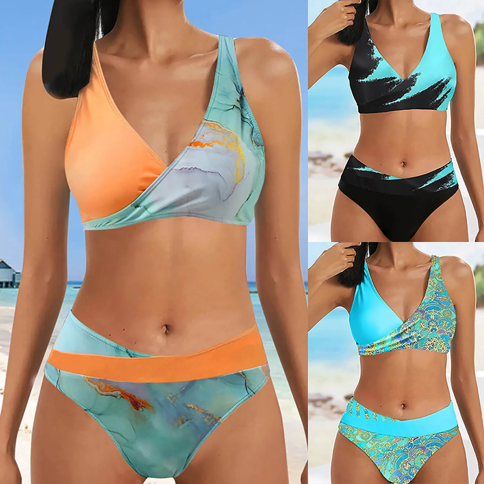 

Комплект бикини с принтом из двух предметов, женский спортивный комплект одежды, костюм из двух предметов с эффектом пуш-ап, сексуальный летний пляжный костюм